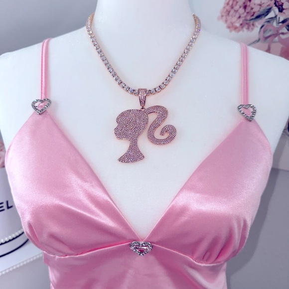 Iced Out Bling Barbie Girl Diamond Rose Gold Pink Tennis Chain - Picture 1 of 3